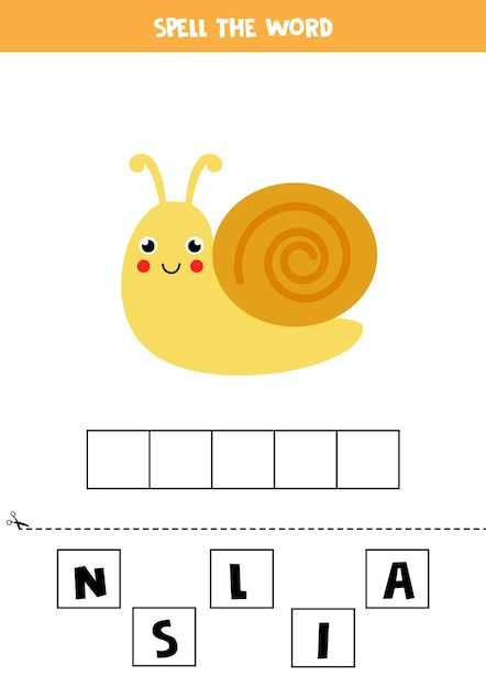 Spell the word snail.   illustration of cute snail. Spelling game for kids.