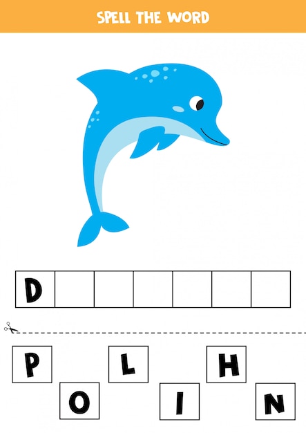 Spelling game for children. Cute blue dolphin.