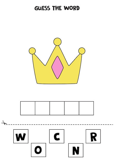 Gioco di ortografia per bambini. corona della principessa dei cartoni animati.