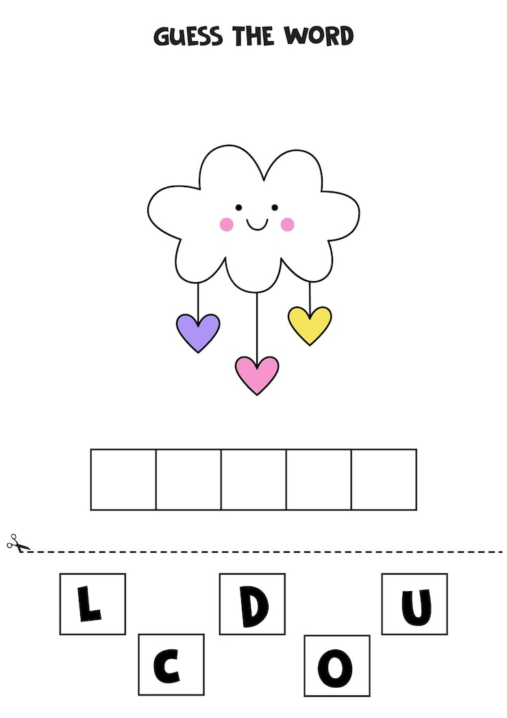Vector spelling game for kids. cute cartoon cloud.