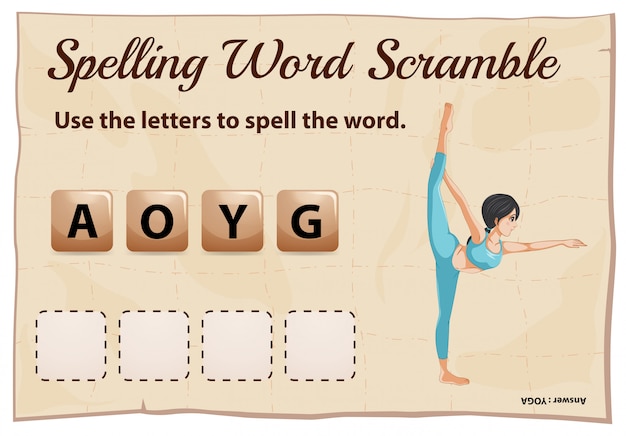 Vettore modello di gioco di scramble ortografico per lo yoga