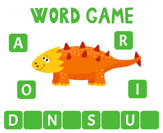 Gioco di scrable di parole di ortografia con illustrazione di dinosauro di parole gioco educativo per bambini che trovano lettera mancante foglio di lavoro stampabile per bambini in età prescolare