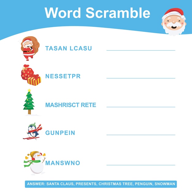 Spelling Word Scramble Game met kerstthema. Werkblad om Engels te leren. Vector-bestand.