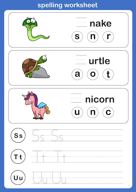 Esercizio del foglio di lavoro di ortografia con vettore di illustrazione del vocabolario dei cartoni animati