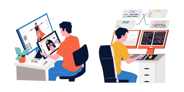 Spelontwikkeling Mensen die videogamescript programmeren of coderen Freelance beroep Mannen die met computers werken Programmeurs die speelpersonages creëren Ontwikkelaars baan Vectorconcept