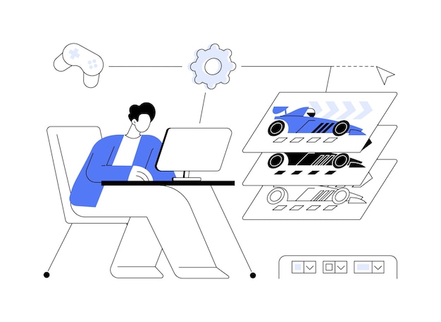 Spelproductie abstract concept vectorillustratie Professionele ontwikkelaar met speciale computersoftware die een nieuw spel maakt, moderne IT-technologie productieproces abstracte metafoor