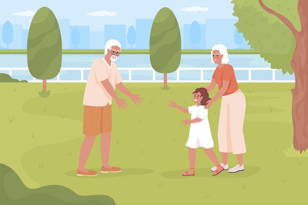 Spending time with grandkids at park flat color vector illustration