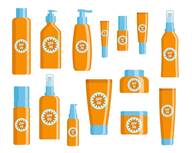 SPF bottles and tubes set Sunscreen protection and sun safety Sunscreen cream lotion spray colle