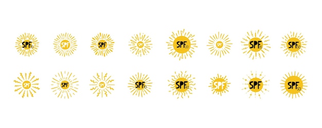 SPF sun set Hand drawn doodle solar symbols uv protection emblem labels yellow sings with black letters and numbers icons for sunscreen products and skin cosmetics vector isolated illustration