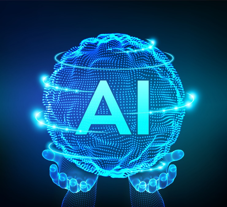 Vector sphere grid wave with binary code. ai artificial intelligence logo in hands. machine learning concept.