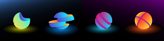 The spheres on a black background emit soft blue and orange light. Neon glow.