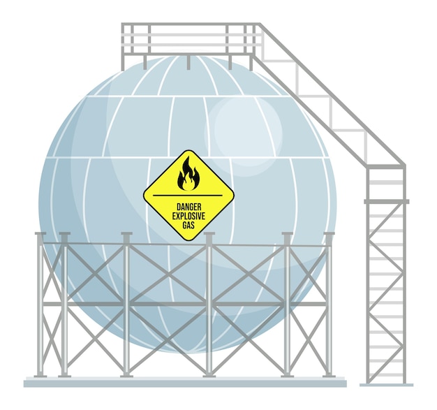 Spherical gas station gas tank storage tank with stairs and metal construction Danger explosive gas sign Compressed gas under pressure Balloon filling with liquid fuel Industrial construction