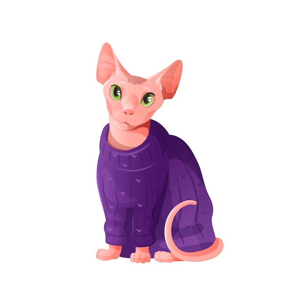 紫色のニットジャージーのスフィンクス猫
