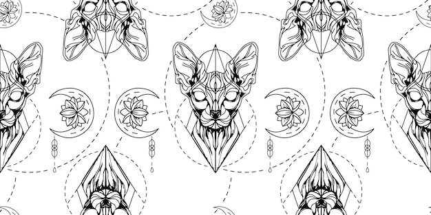 Sphinx cat tattoo pattern seamless Banner with cat moon and lotus tattoo