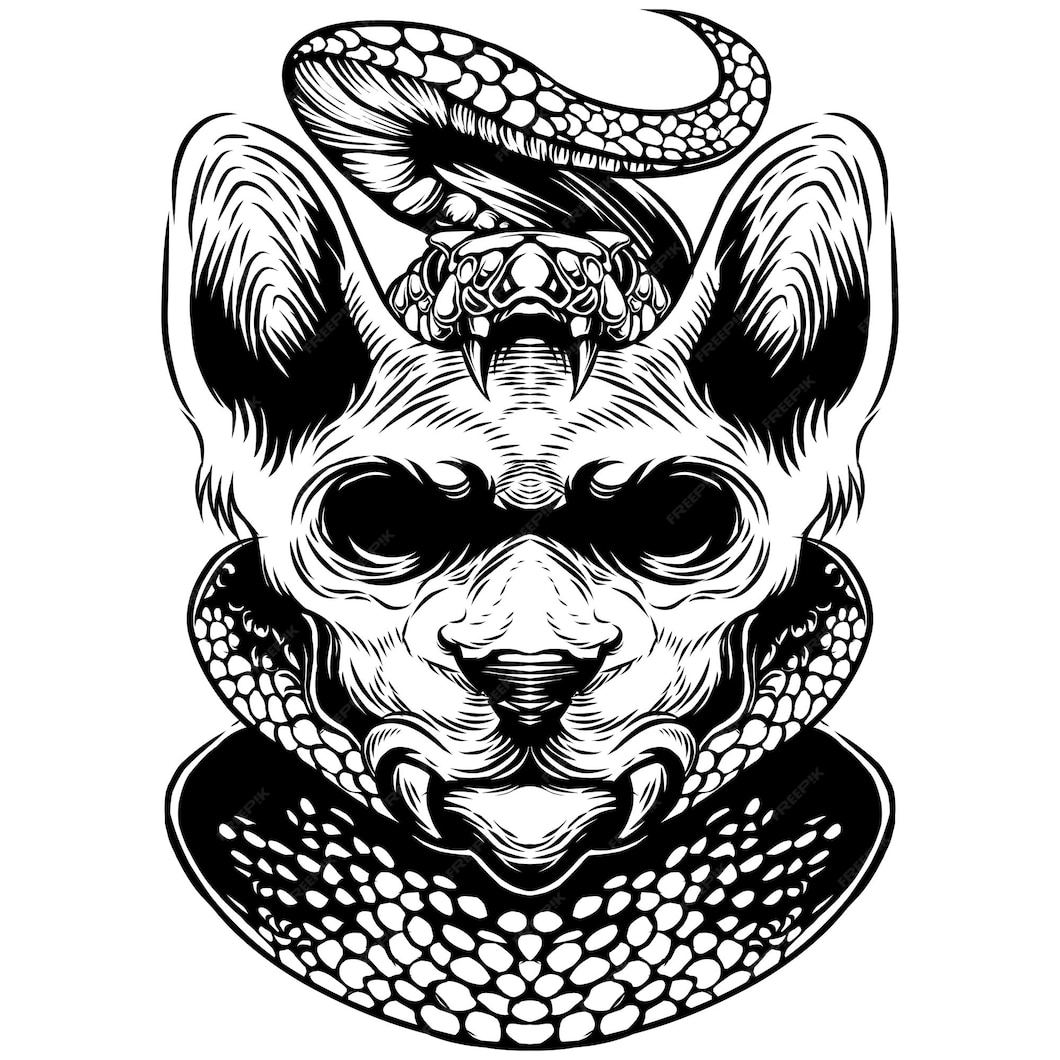 Premium Vector | Sphynx cat head esport mascot logo with snake line art