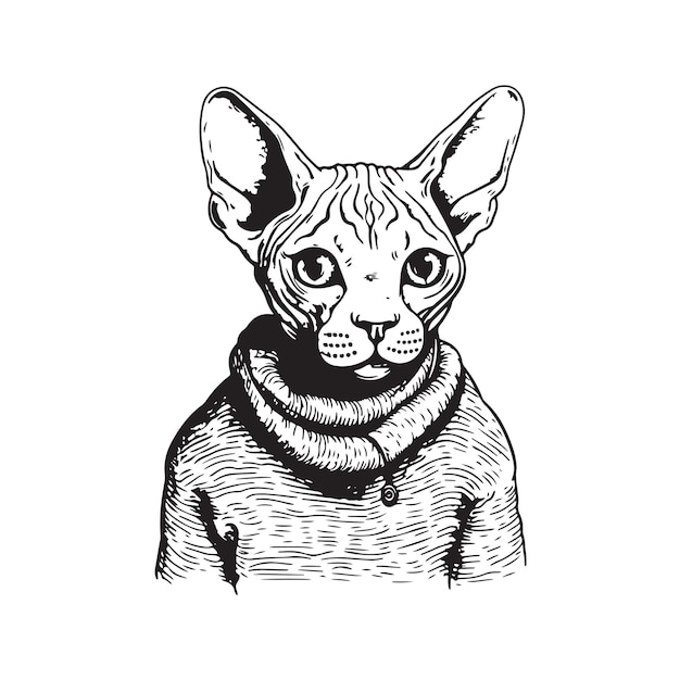 sphynx cat wearing sweater vintage logo line art concept black and white color hand drawn illustra