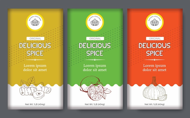 Vector spice box design turmeric label lemon label garlic spice label designs. abstract vector label design