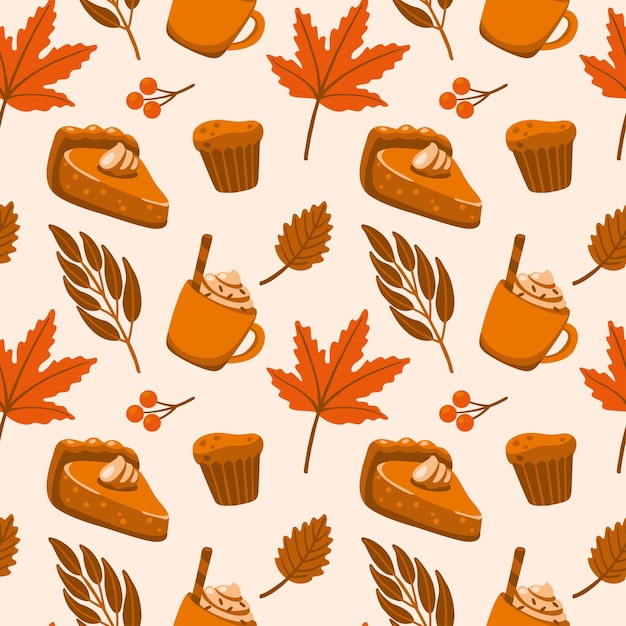 Кофе со специями и тыквенный пирог, осенние листья. Осеннее настроение. Бесшовный узор в оранжевых тонах.