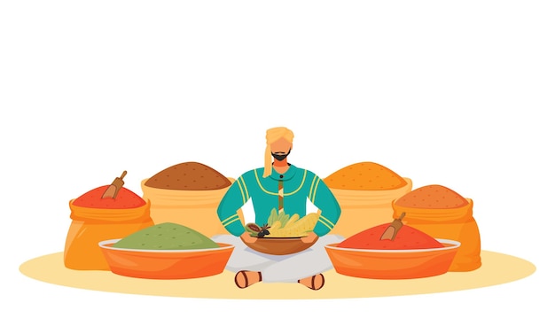 Concetto piatto del negozio di spezie. uomo seduto nella posizione del loto, condimenti venditore ambulante personaggio dei cartoni animati 2d per il web design. idea creativa di scambio di aromi tradizionali indiani