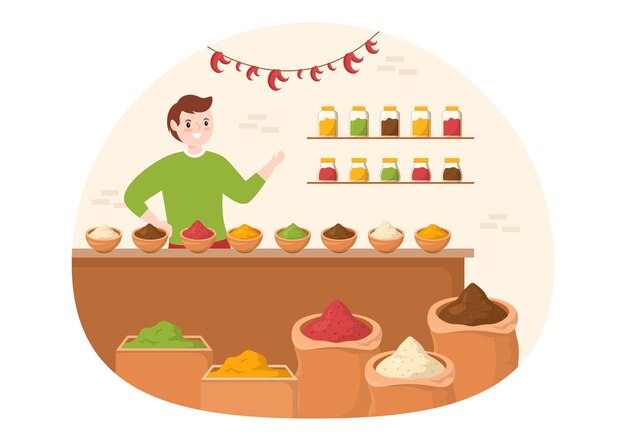 Spice Shop with Different Hot Spices or Fresh Seasoning and Traditional Herbs in Flat Illustration