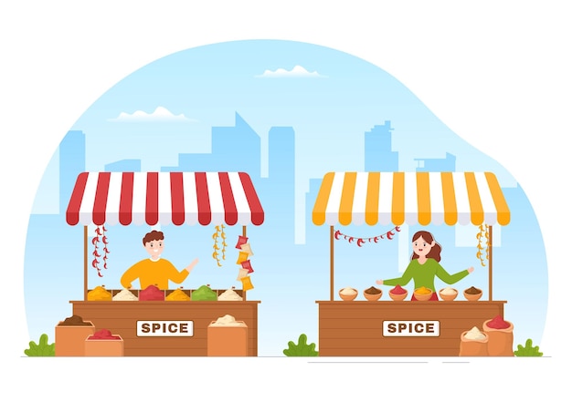 Vector spice shop with different hot spices or fresh seasoning and traditional herbs in flat illustration