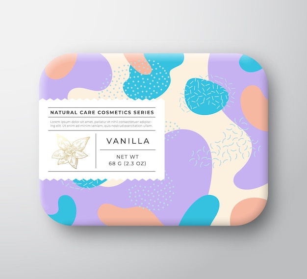 Vettore spezie bath cosmetics package box contenitore di carta avvolto vettoriale con etichetta di cura design di imballaggio tipografia moderna e layout di modello di sfondo astratto camo vaniglia disegnato a mano