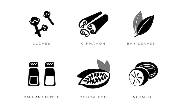 Набор иконок специй и приправ: гвоздика, корица, лавровый лист, соль и перец, стручок какао, мускатный орех, черный