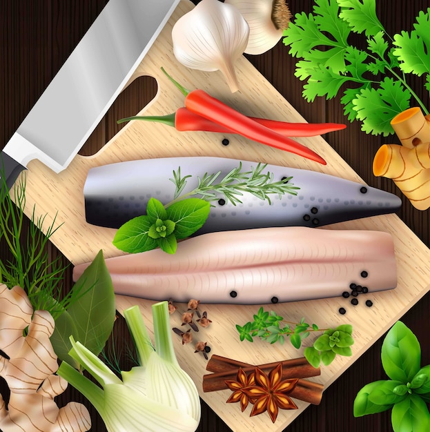 Vector spices and herbs and seafood with cutting board and knife