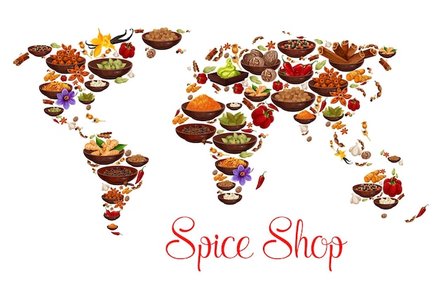 Vector spices and herbs on vector world map