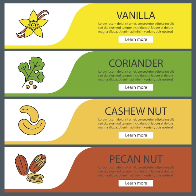 Vector spices web banner templates set. vanilla flower, coriander, cashew and pecan nuts. website color menu items. vector headers design concepts