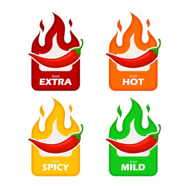 Vector spicy chili pepper hot fire flame icons extra hot spciy mild spiciness level vector spicy food