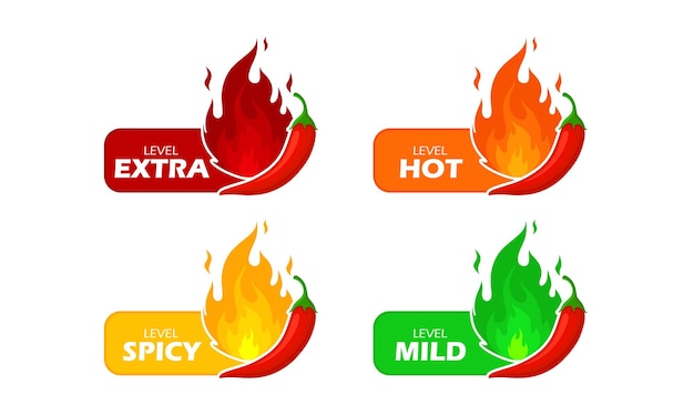 Spicy chili pepper hot fire flame icons extra hot spciy mild spiciness level