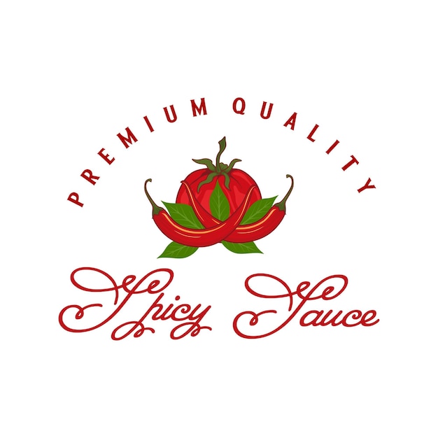 スパイシーな唐辛子のベクトルのロゴ デザイン赤唐辛子とトマトのコンセプト、スパイシーな食品製品ラベル