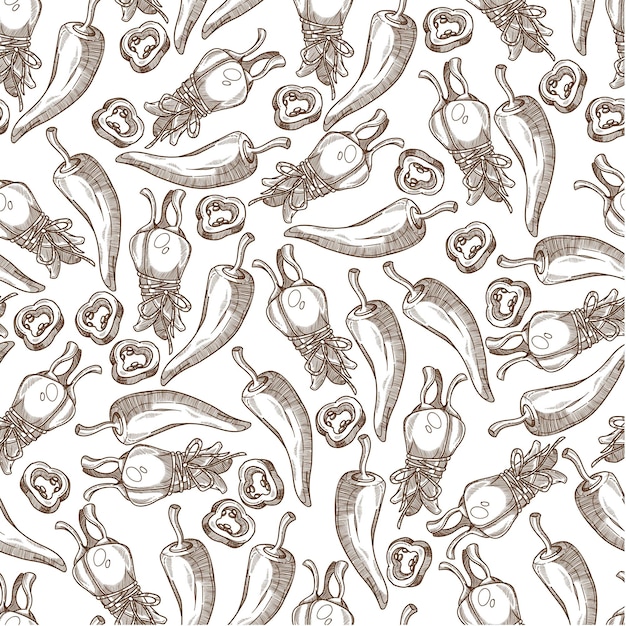 Vector spicy herbs hot chilli pepper colorless seamless pattern