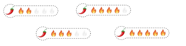 Spicy hot chili pepper icons set with flame and rating of spicy eps 10