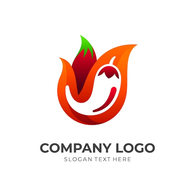 Пряный горячий, огонь и перец чили, комбинированный логотип с красочным 3d стилем