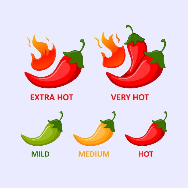 Spicy hot red chili pepper icons set with flame and rating of spicy. vector illustrtion