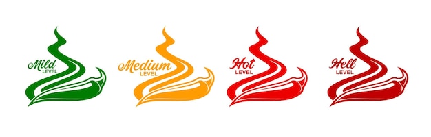 Vector spicy level labels and icons of pepper and fire flames vector spicy flavor scale green mild yellow medium and red extra hot symbols of chili or jalapeno pepper and tabasco sauce