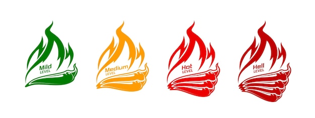 Vector spicy level labels with hot peppers in flame