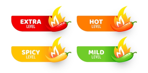 Spicy level sticky labels with peppers in flame