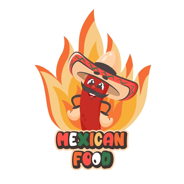 Spicy Mexican food concept Cute comic character red chilli pepper with sombrero and fire Vector