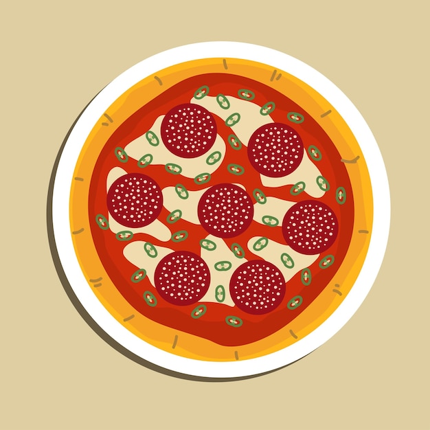 Пряная пицца аля Дьявола с сыром моцарелла и ломтиком копченой говядины иллюстрация итальянской кухни