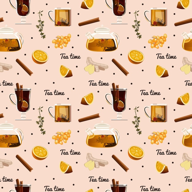 Spicy tea pattern Spiced tea seamless background Cartoon cinnamon ginger black paper cardamon clove and sea buckthorn Packaging menu design and interior decorating Vector illustration