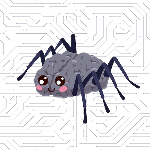 Spider brain mind organ with insect paws and smiling face hacker mascot and cyber net bug crawls on network cobweb intelligent digital technologies computer virus vector concept