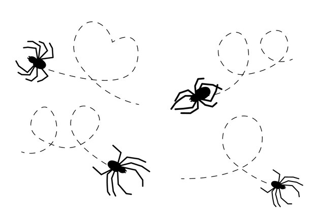 점선 경로에 거미입니다. 동물의 검은 실루엣.