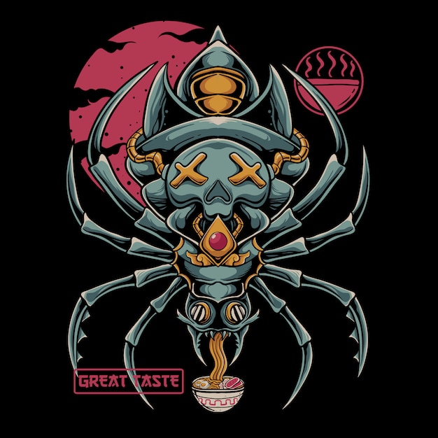 Spider eat ramen noodles illustration