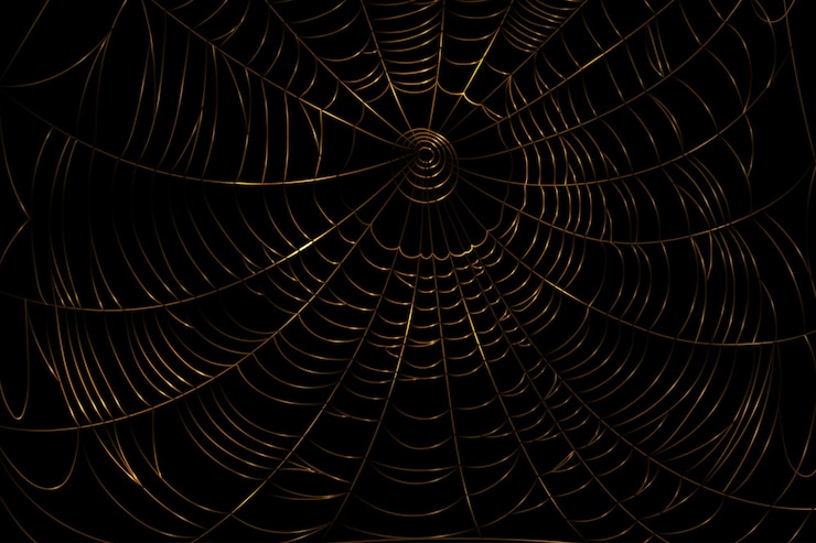 Vector spider gold web on black background scary cobweb glitter decor vector design elements for halloween horror ghost or monster party invitation and posters