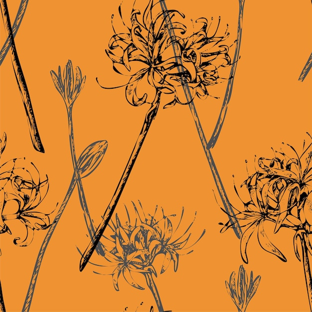Цветы лилии паука вектор бесшовный фон. Ручной рисунок экзотических растений Lycoris. Винтажный цветочный орнамент для текстиля, обертывания, декора, фона, обоев.