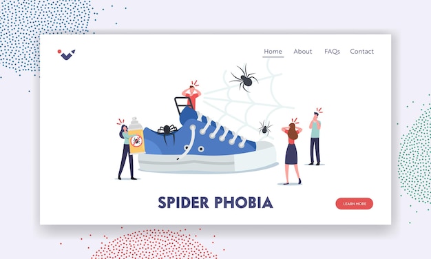 Spider phobia landing page template. tiny characters around huge sneaker, frightened people afraid of insect, arachnophobia psychological problem. scary people in panic. cartoon vector illustration