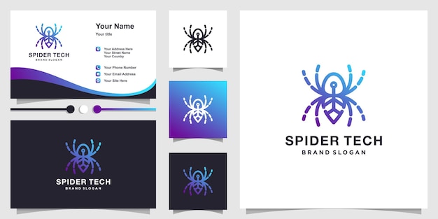 Spider tech-logo met creatief lijntekeningenconcept en visitekaartjeontwerp Premium Vector